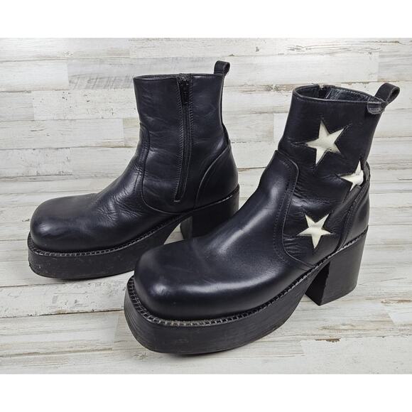 VTG Y2K DESTROY Platform Chunky Blk Leather Ankle Boots Sz43/US11.5 Star Inlays - Picture 1 of 14